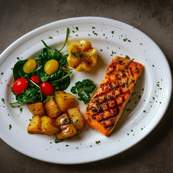Grilled salmon fillet with roasted potatoes, spinach salad, and a yellow bell pepper on a white plate.