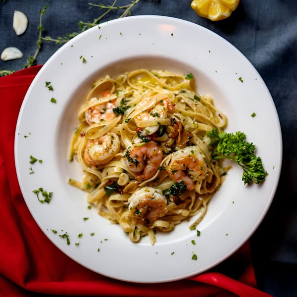 La Bella Luna's shrimp scampi with fettuccine pasta, garlic, and parsley on a white plate.